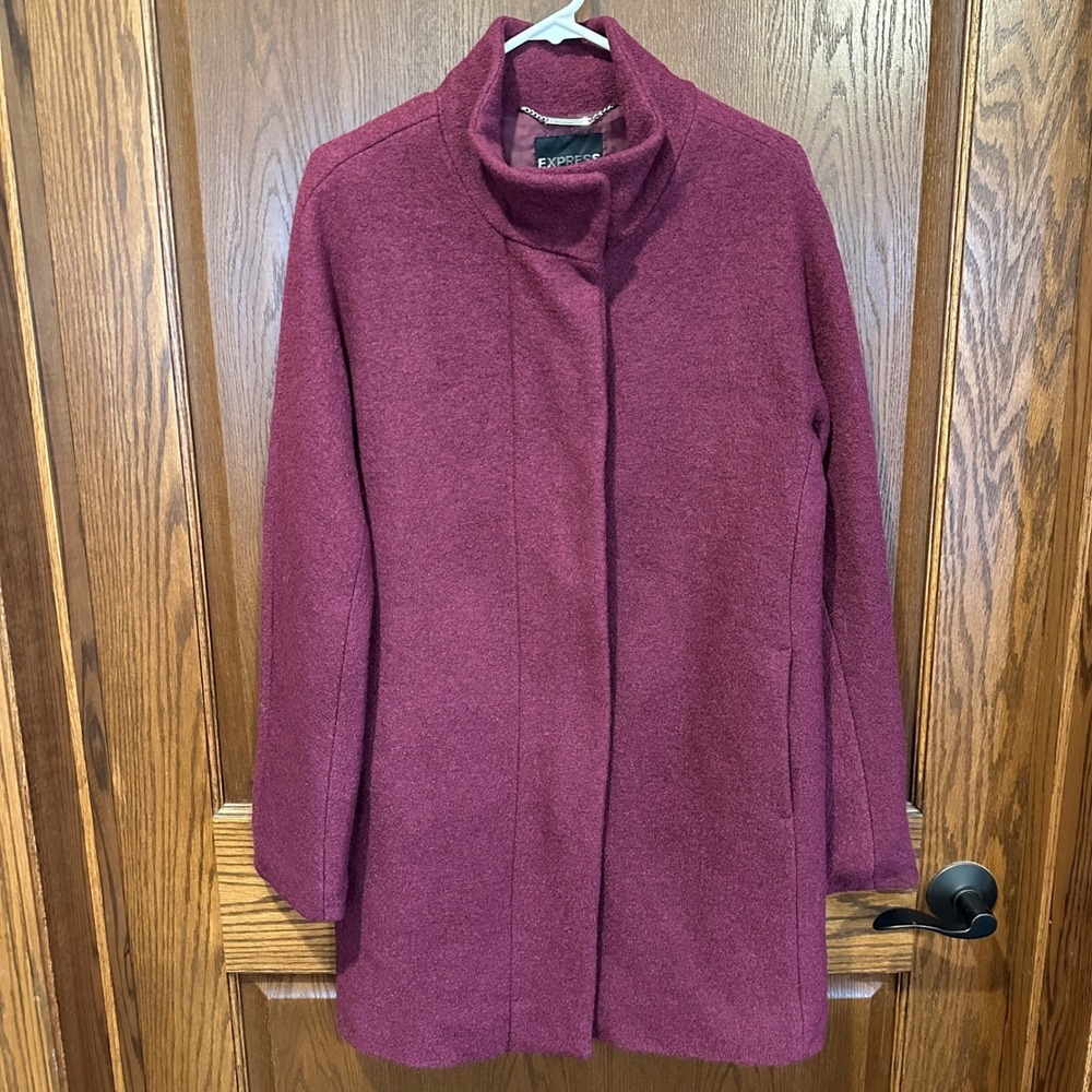 Express Burgundy Wool Blend Mock Neck Zip Front Coat Jacket Women's Small‎